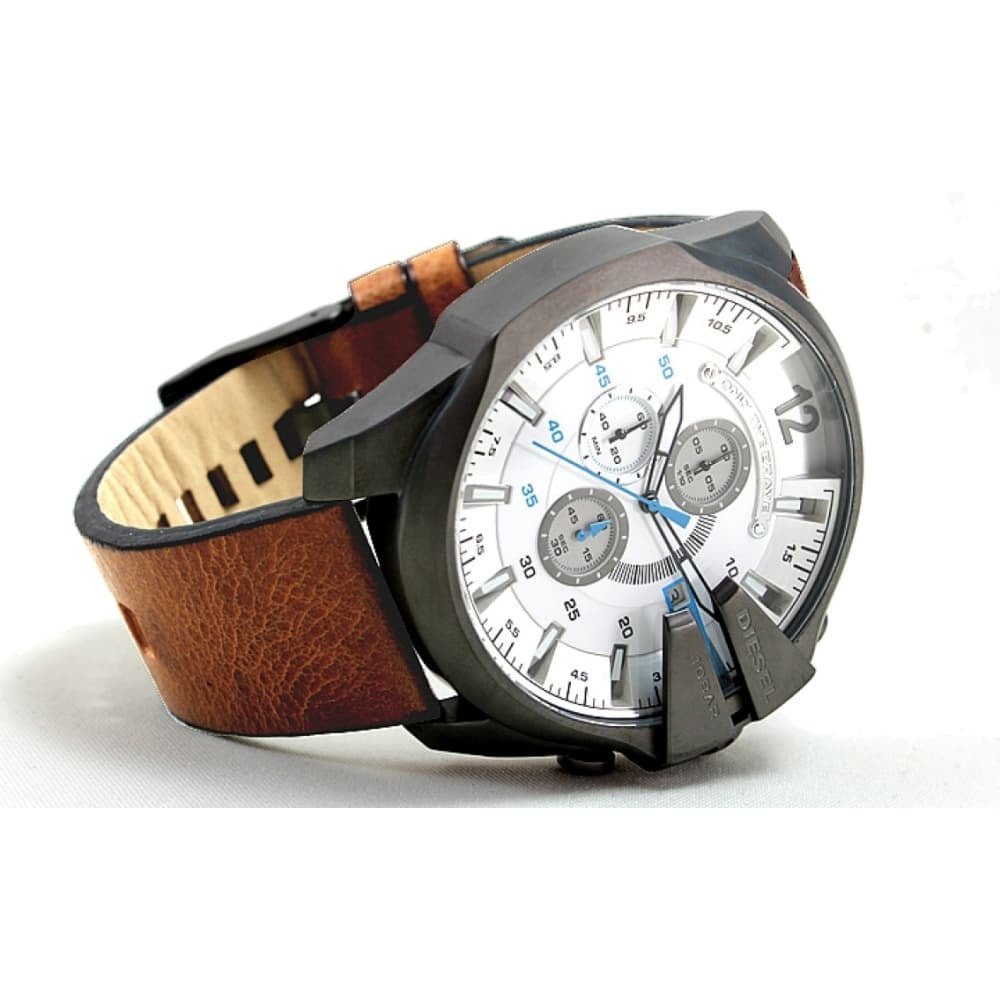 Diesel DZ4280 Mega Chief Chronograph Men's Watch – White Dial & Brown Leather Strap