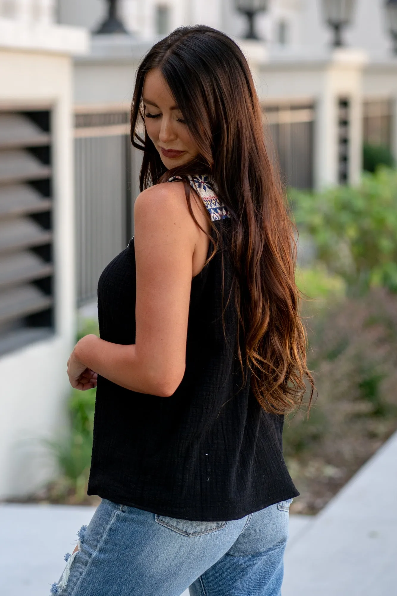 Jacquard Yoke Top - Black