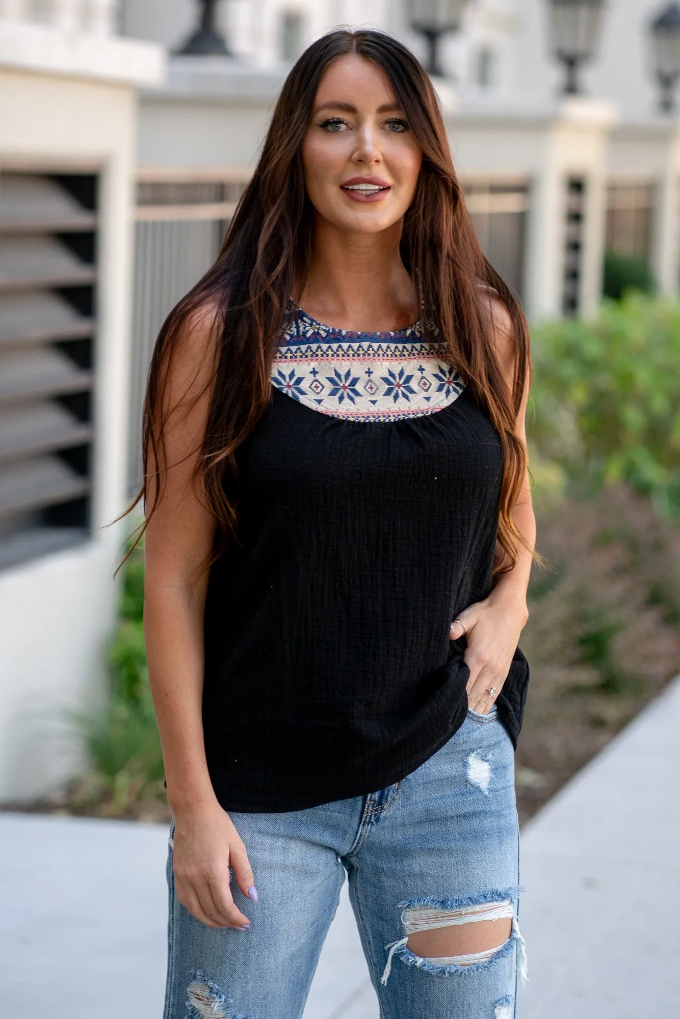 Jacquard Yoke Top - Black